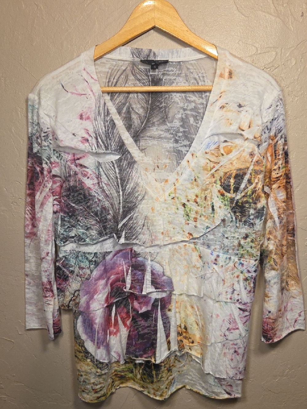 Boho Abstract Floral Layered Top V-Neck Long Sleeve Flowy Artsy Blouse